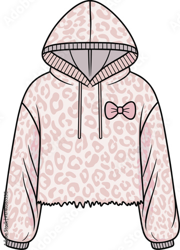 Trendy fashion vector illustration of cropped hoodie with animal print pattern, bow detail, drawstring hood, long sleeves, casual stylish women’s streetwear clothing design