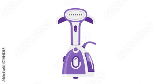 Illustration of a modern standing garment steamer with a purple accent