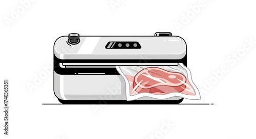 Illustration of a vacuum sealer machine preserving a piece of steak