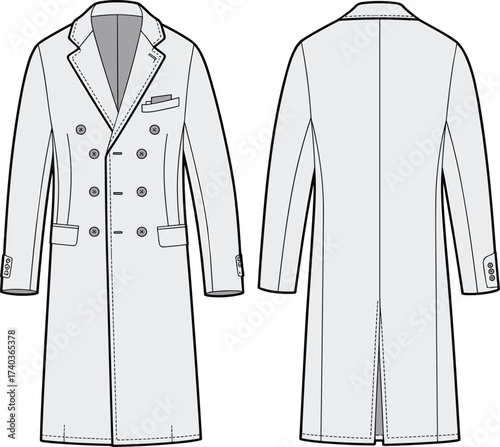 Vector flat fashion sketch of men’s double breasted long trench coat with front and back view, garment design template for apparel illustration drawing