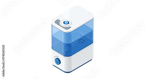 Isometric illustration of a modern white and blue humidifier device
