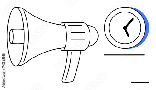 Megaphone highlights communication, paired with a clock symbolizing timeliness for messages or alerts. Ideal for marketing, urgency, announcements, reminders, deadlines, campaigns teamwork. Simple