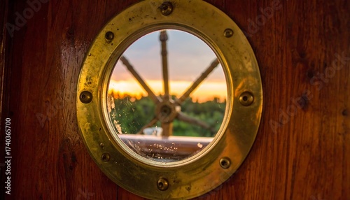Steering Wheel View Through Porthole During Golden Sunset
