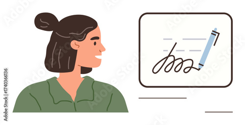Smiling woman reviewing a digital document displayed with a blue pen and signature. Ideal for e-signature, remote work, digital contracts, technology, business, efficiency, simple flat metaphor