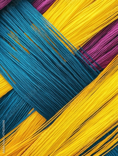 Colorful strands of textile fibers displayed artistically in vibrant shades of blue, yellow, and purple for textile arts and crafts inspiration