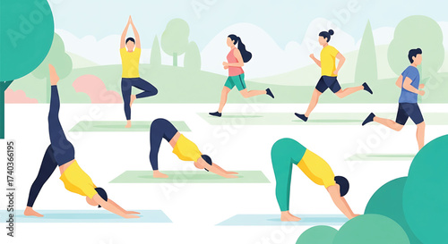 Group of young people enjoying outdoor fitness activities in a park. Men and women jogging and doing yoga for a healthy and active lifestyle