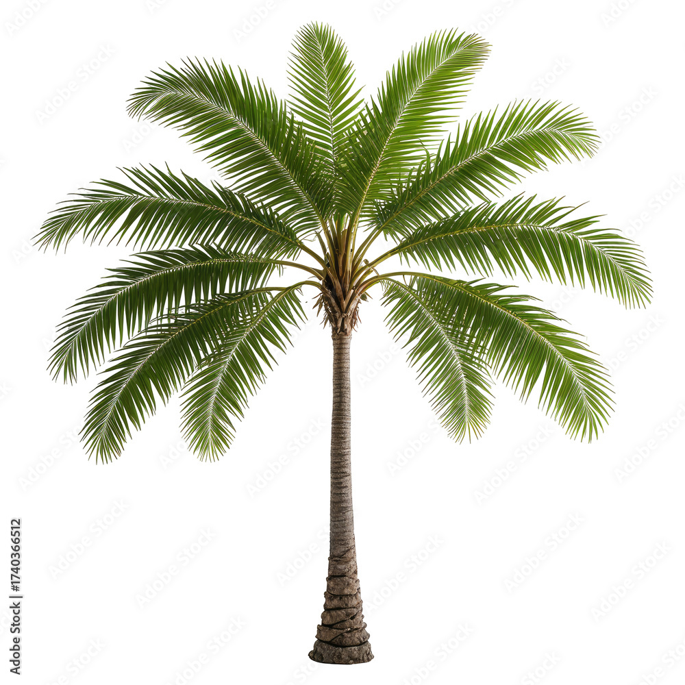 Obraz premium Isolated palm tree with green fronds, brown trunk, and black backdrop