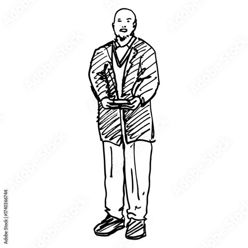 Standing middle age bald man wearing suit holding a small object, present or reward. Funny businessman. Hand drawn linear doodle rough sketch. Black and white silhouette.