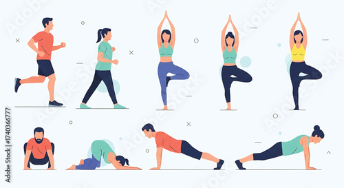 Dynamic vector illustrations featuring men and women performing a range of fitness exercises including running, walking, yoga, and floor workouts, promoting health and wellness