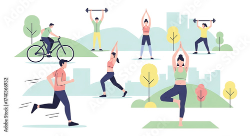 Diverse group of people enjoying various outdoor fitness activities like yoga, running, and cycling in a city park, promoting a healthy community lifestyle