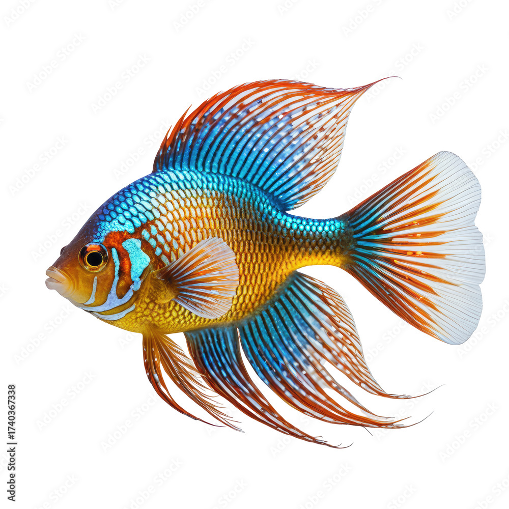Fototapeta premium Vivid ornamental fish with vibrant blue, orange, & white fins against black