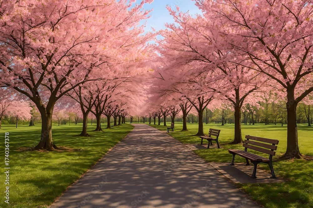 Fototapeta premium Ai Generated :Cherry Blossom Pathway in Full Bloom Creating a Serene Springtime Tunnel