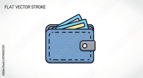 A blue wallet with money peeking out is shown against a white background in a simple flat icon illustration