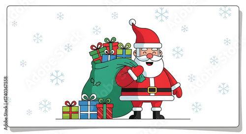 Cheerful Santa Claus with a large sack full of colorful Christmas gifts and presents, standing in a winter wonderland with falling snowflakes. Holiday season vector illustration