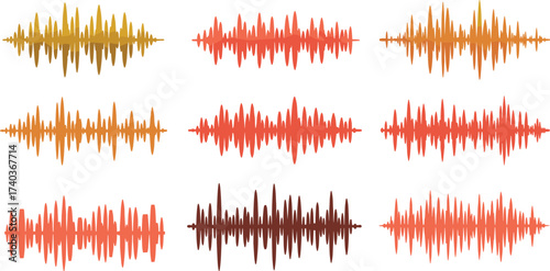 Stylized waveform grid illustration, colorful audio signal patterns, abstract soundwave design, music visualization set, digital media concept, modern vector artwork