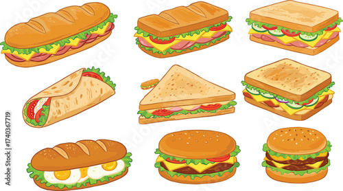Sandwich and burger illustration, food variety grid, deli ingredients, sub rolls, wraps, cheeseburgers, culinary vector, menu design, hand-drawn food sketch