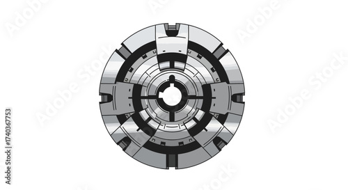 Complex grayscale circular mechanical abstract design on transparent background