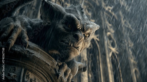Naklejka Stone gargoyle in rain