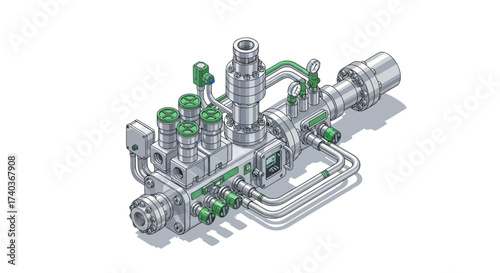 Detailed isometric illustration of industrial equipment with gauges and pipes