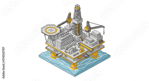 Detailed Isometric Illustration of an Offshore Oil Rig Platform structure