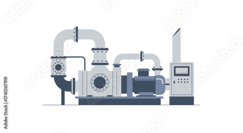 Detailed industrial pumping system illustration in muted color palette