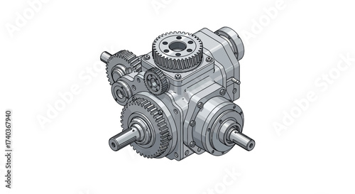 Detailed mechanical gearbox engineering illustration with complex gears design