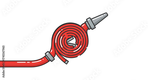 Detailed vector illustration of a coiled red fire hose with nozzle