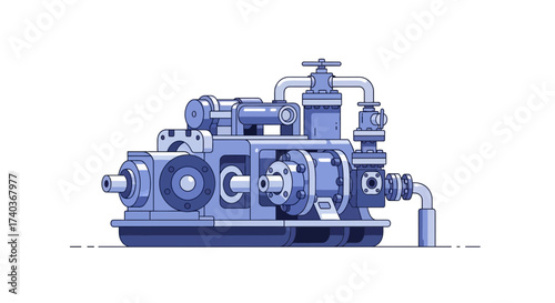 Detailed vector illustration of complex blue industrial machinery system