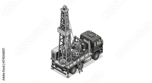Illustration of Mobile Oil Drilling Rig Isometric View on White Backdrop
