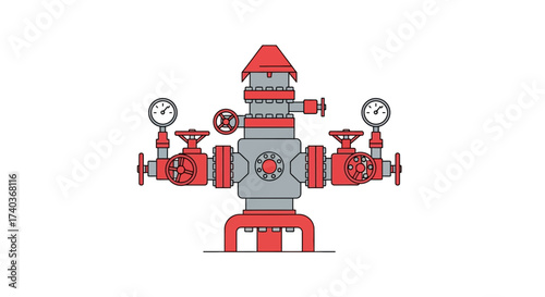 Illustration of wellhead equipment with valves, gauges, and pipeline elements