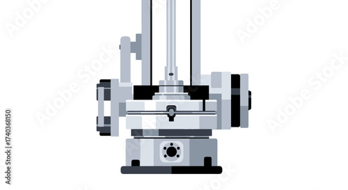 Industrial precision machining equipment in gray tones on white background