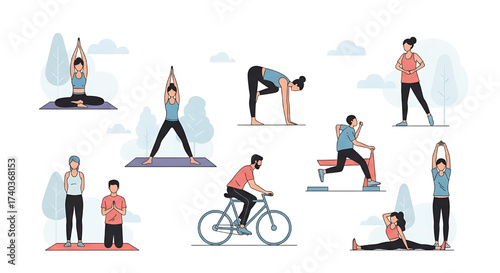 Diverse group of people staying active and healthy, engaging in various fitness activities like yoga, cycling, stretching, and strength training, promoting well-being and an energetic lifestyle