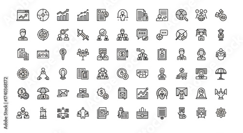 Collection of Business and Finance Icons Charts, Graphs, People, and Strategy Symbols