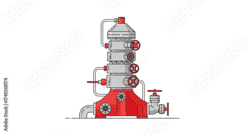 Intricate industrial machinery illustration with red and gray elements