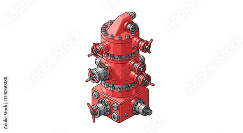 Intricate red industrial valve mechanism isolated on white background