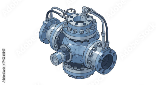 Isometric Illustration of a Complex Industrial Valve Assembly on White