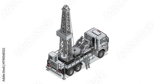 Isometric illustration of a drilling rig truck on a plain white background