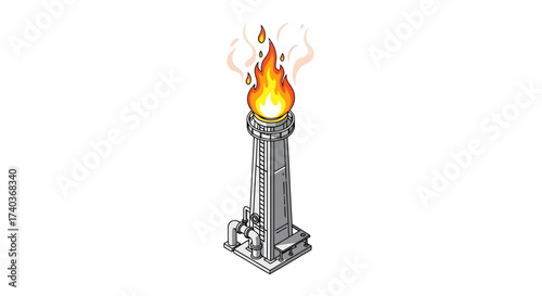 Isometric illustration of a flare stack for industrial waste gases