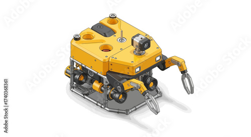 Isometric illustration of a yellow remotely operated underwater vehicle ROV