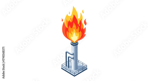 Isometric illustration of an industrial chimney with blazing flames atop it