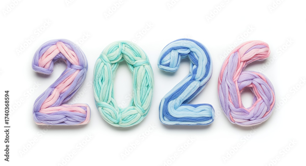 Naklejka premium 2026 Number Made of Pastel Wool Yarn on Clean White Background