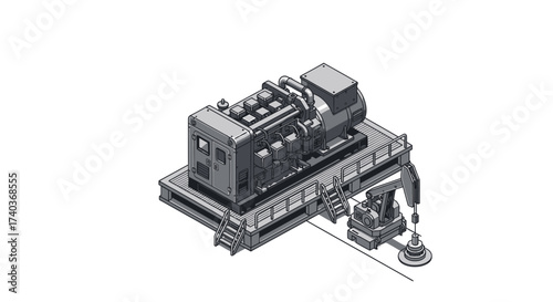 Isometric illustration showcasing an industrial generator alongside an oil pump