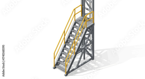 Isometric industrial staircase with safety handrails on a white backdrop