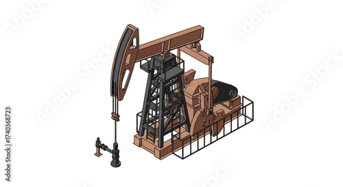 Isometric view of a pumpjack or oil horse machinery isolated on white background