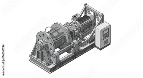 Isometric view of an industrial winch system, with electrical components