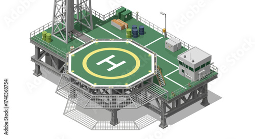 Isometric view of offshore oil platform with helipad in the ocean