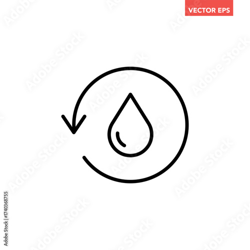 Single black round liquid drip recycle line icon, simple planet water protection flat design pictogram concept for app ads logo web button ui interface elements, vector isolated on white background