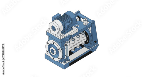 Isometric view of precision engineering hydraulic pump, vector illustration