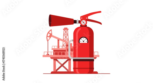 Oilfield safety concept featuring a fire extinguisher and oil rig imagery