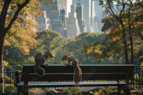 Squirrel in the Park meeting another squirrel on bench in city with fall leaves and morning urban background